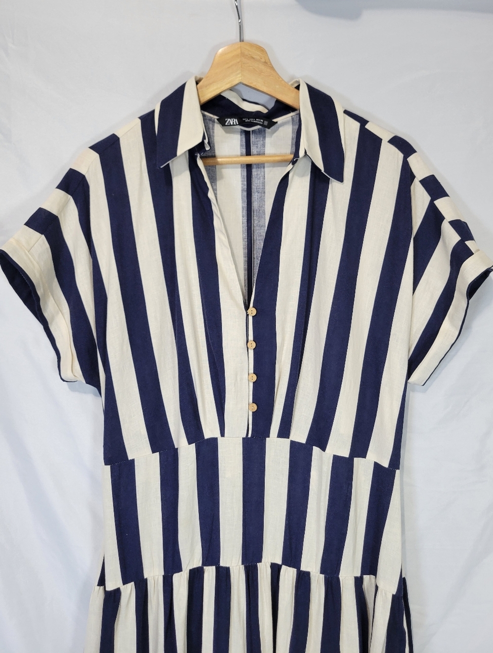 Zara Striped Tiered Linen Blend Cut Out Midi Shirt Dress Nautical Coastal Boho - Picture 6 of 16